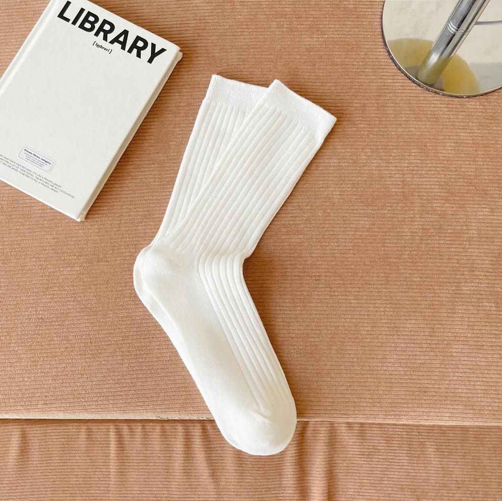 Women's Pure Cotton Mid-Calf Socks, Korean Style Trendy Solid Color, Double-Needle, Autumn/Winter Vertical Stripe, Knee-High Slouch Socks