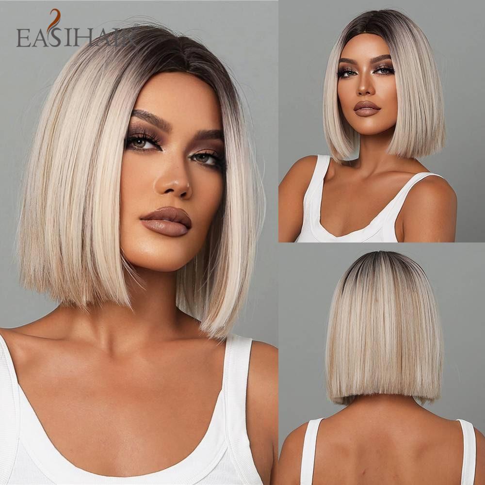 EASIHAIR Синтетические парики боб с челкой, короткие, прямые, светло-блонд, бежевые, натуральные, для женщин, на каждый день, косплей, термостойкие