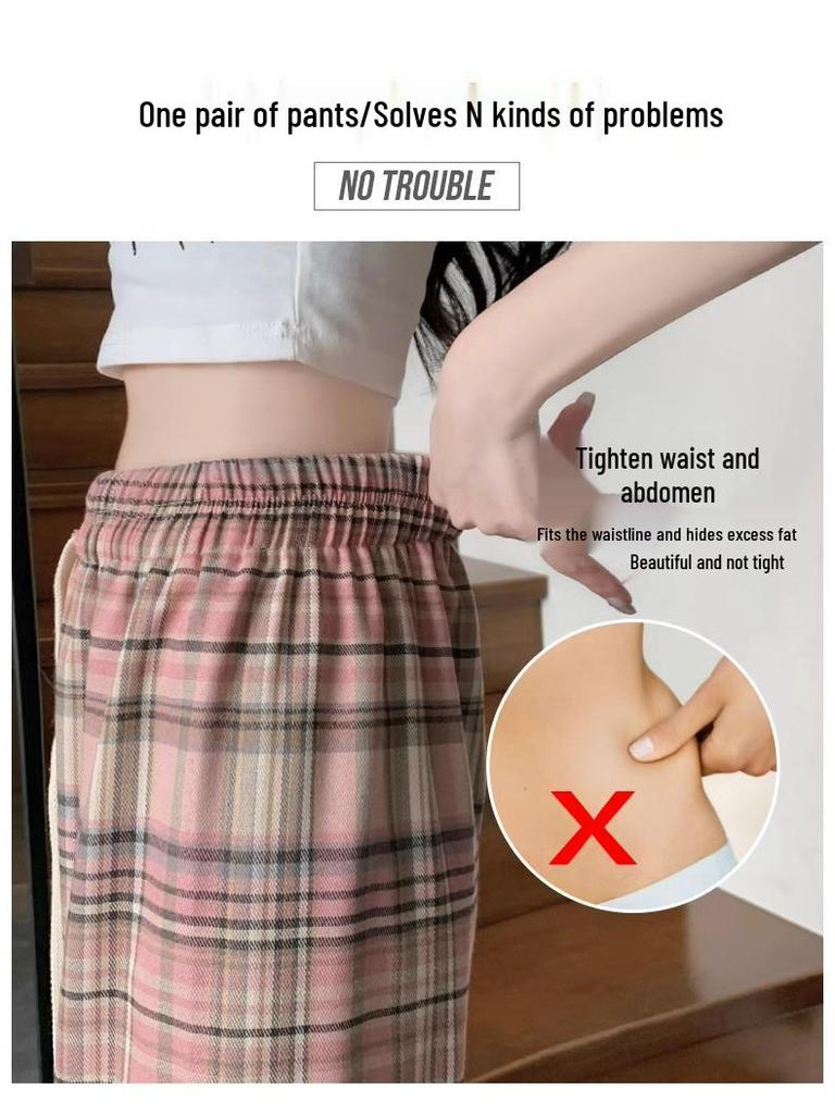 Pink Plaid Wide-Leg Pants for Petite Pear-Shaped Women - Slim Fit, Loose Straight-Leg, Floor-Length for Spring/Autumn