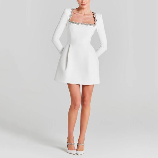 Женское мини-платье с квадратным воротником, длинным рукавом, декором из бисера и цветов, короткое платье с высокой талией и длиной выше колена