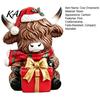 Highland Cow Ornaments Christmas Figurine, Resin Holiday Statue with Santa Hat & Detailed Curly Collectibles Gift Box, Cute Sitting Calf Desktop