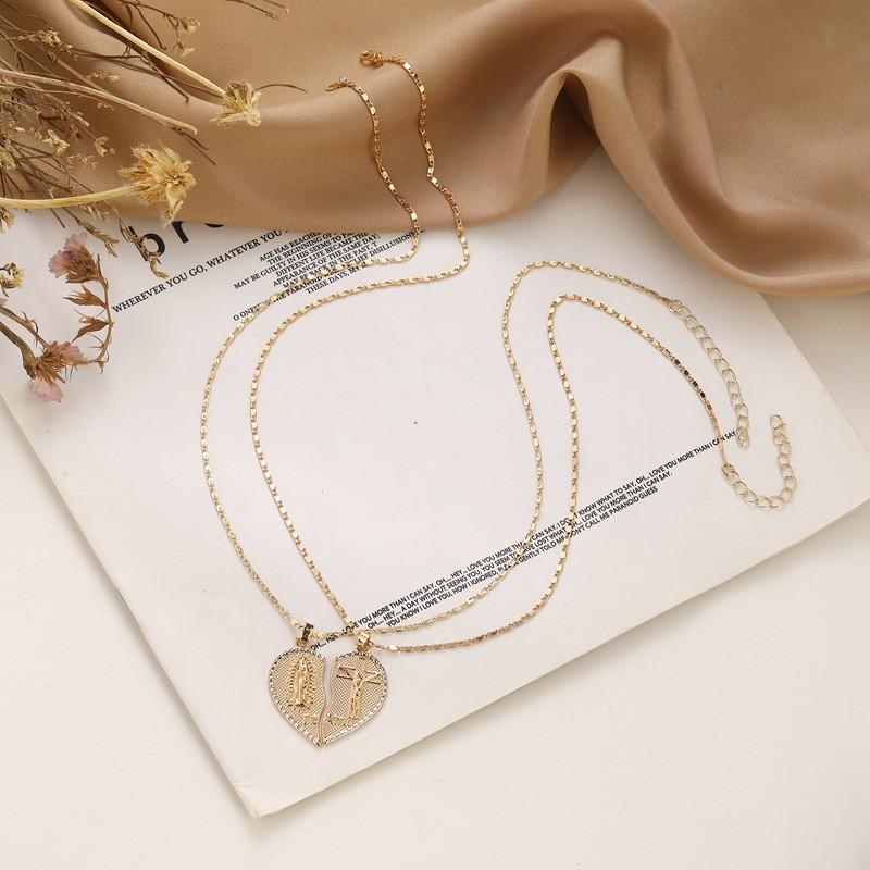 Copper Love Heart Pendant Necklace Women Two Halves Design Layered Delicate Choker Chain Lightweight Fashion Jewelry