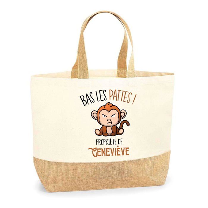 Sac jute Geneviève Bas les pattes Singe | Cabas de Plage Fête des mères Courses Coton et Toile de Jute Idée Cadeau
