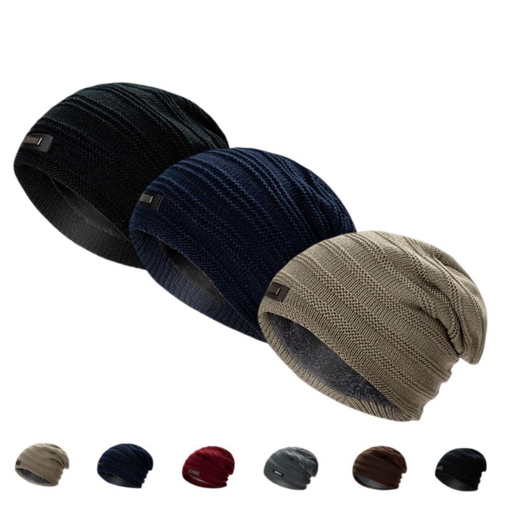 With Tag Fashion Fleece Lined Men's Winter Hat Warm Polyester Knitted Cap Striped Plain Beanies Male