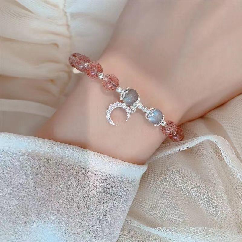Moonstone Strawberry Crystal Bracelet Female Sterling Silver Student Simple Personality Pink Bracelet Girlfriend Star Moon Jewelry