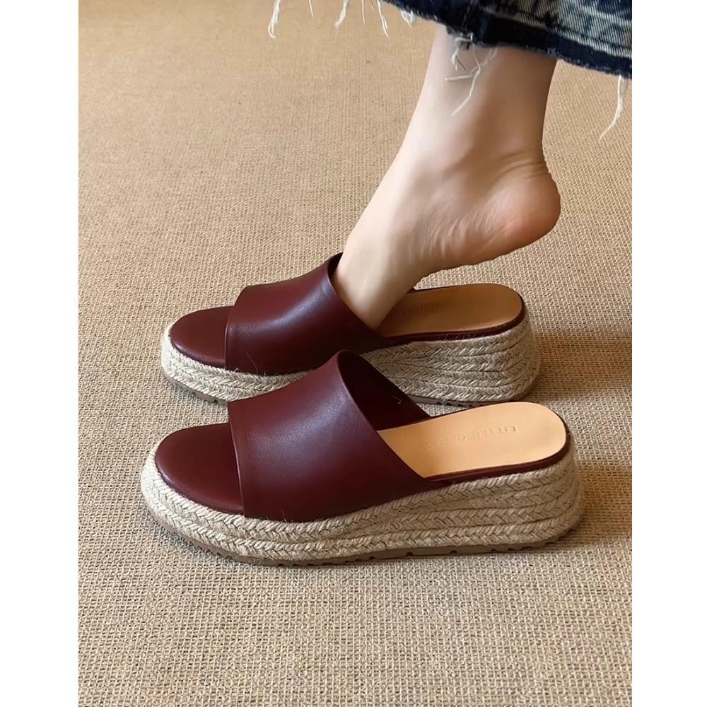 Muffin Thick-bottomed Cool Slippers Women's Summer Wear 2025 New Red Versatile Straw Weaving Heightened High Slope Heel One-word Drag