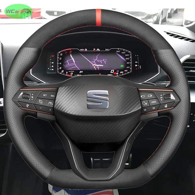 Black Suede Red Marker No-slip Steering Wheel Cover for SEAT Leon IV Ateca Tarraco - Ibiza 6F Arona Leather Braid