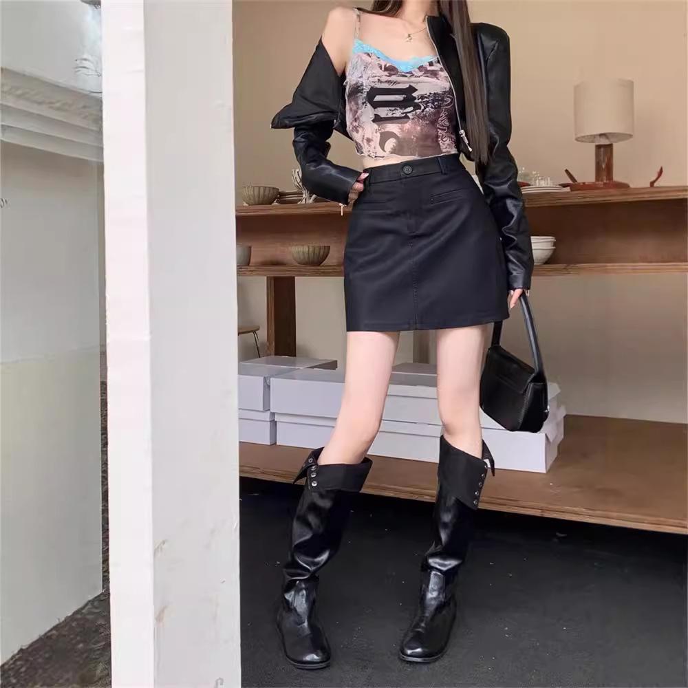 Women's Coffee Color PU Leather High-Waist Slimming A-Line Midi Skirt - Plus Size Petite Autumn/Winter Bodycon Style