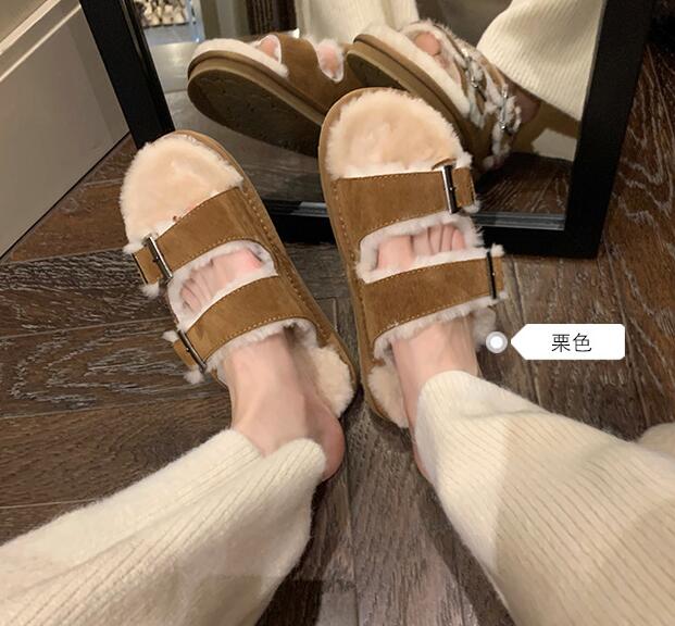 Мода 2025 Пряжка для ремня Шерстяные тапочки Женские туфли из искусственной замши Зимние пушистые шлепанцы Женские балетки Повседневные слипоны Шерстяные пантуфли для дома