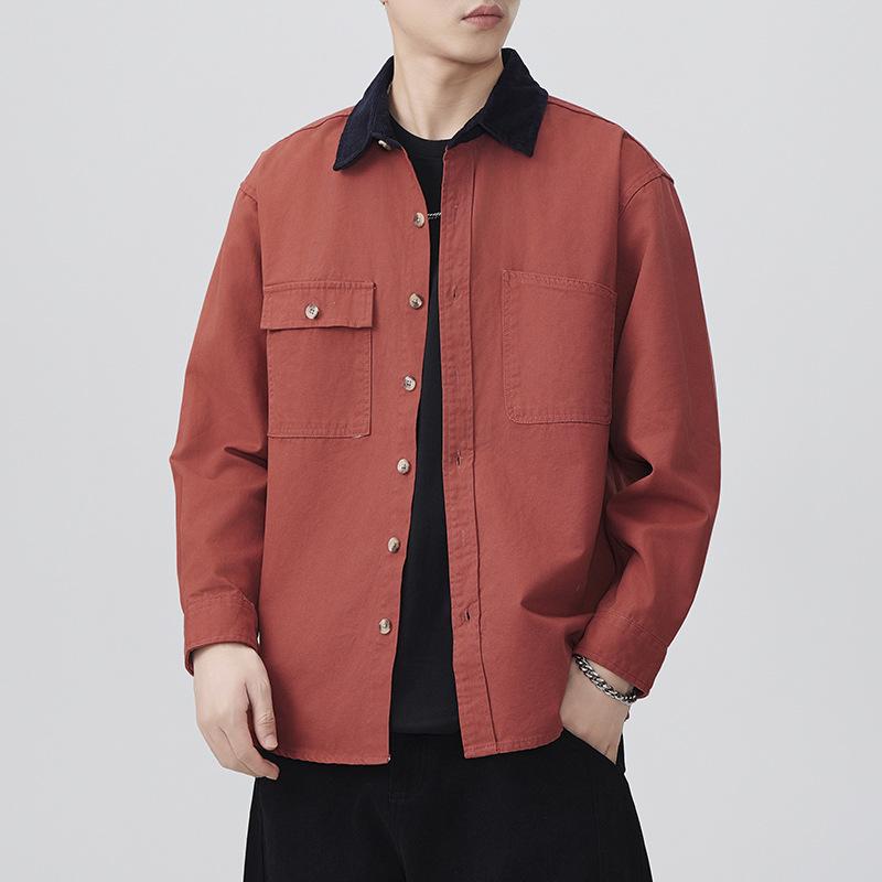 Весна Новая Японская Ретро Мужская Свободная Хлопковая Повседневная Рабочая Рубашка в Американском Стиле с Длинным Рукавом