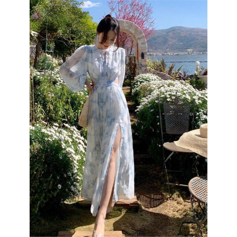 Винтажное пляжное платье миди с цветочным принтом, женское элегантное открытое корейское праздничное платье с разрезом, женское повседневное платье феи с длинными рукавами