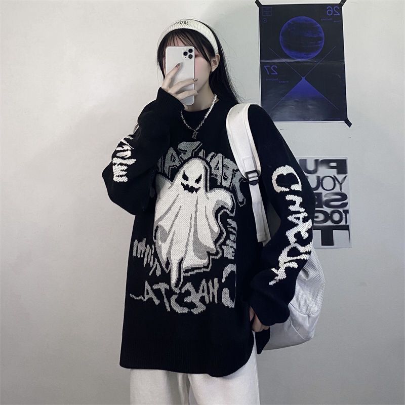 Осенний академический стиль Новый Diablo Harajuku Style Ghost Alphacard Retro Loose Thicked Design Knitwear
