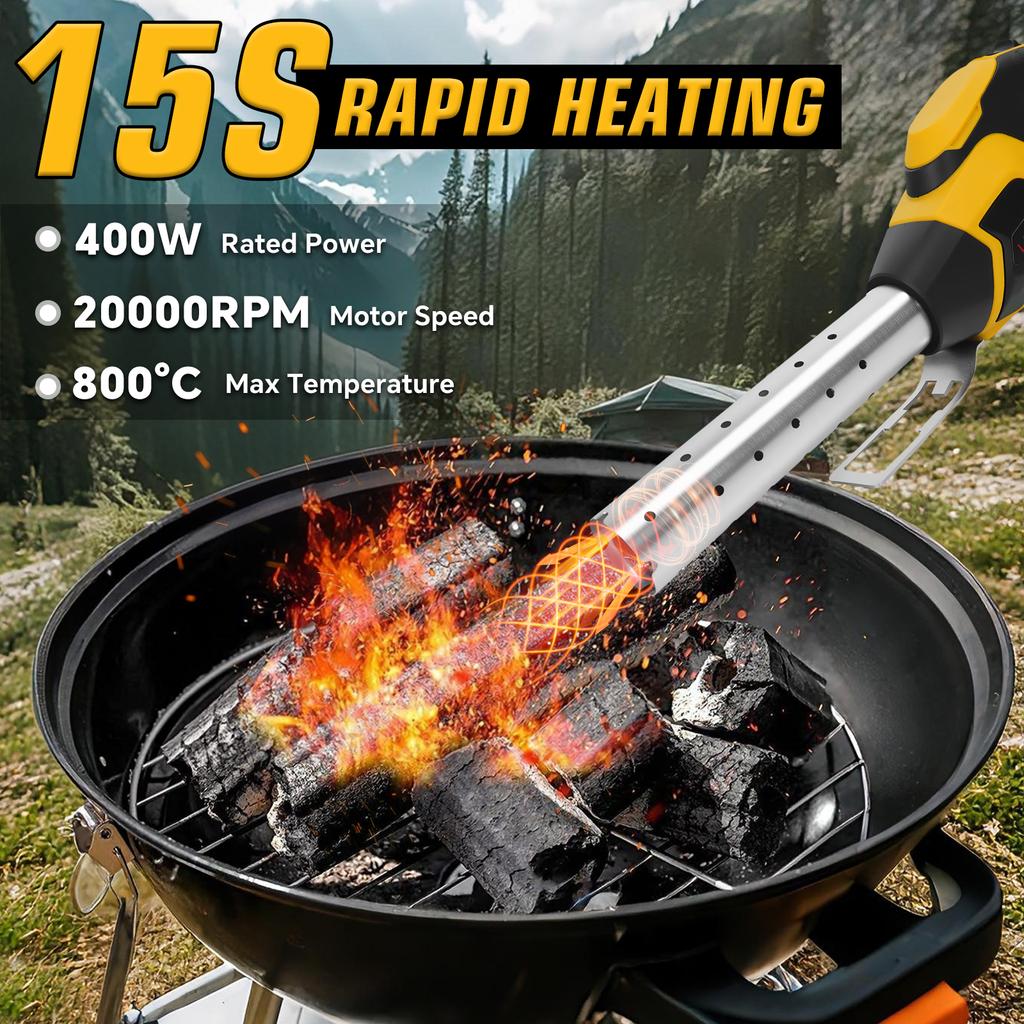 400W Cordless Fire Starter Charcoal Starter BBQ Tool Chemical Free Heated Air with Built-In Blower for Dewalt 20V Battery Pin