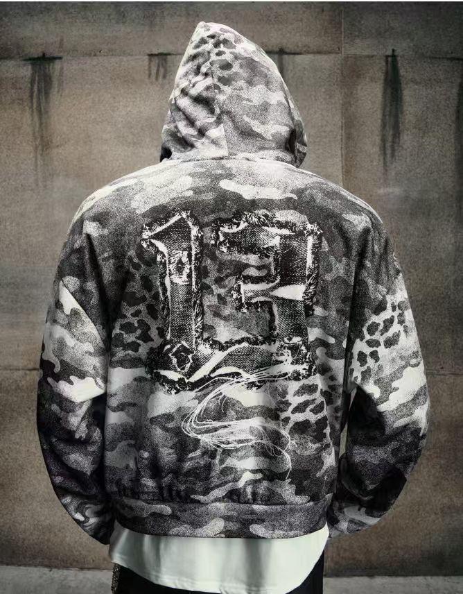 Hot Sale American Retro Camouflage Hooded Sweater, Street Letter 3D Printed Loose Zipper Sweater Top