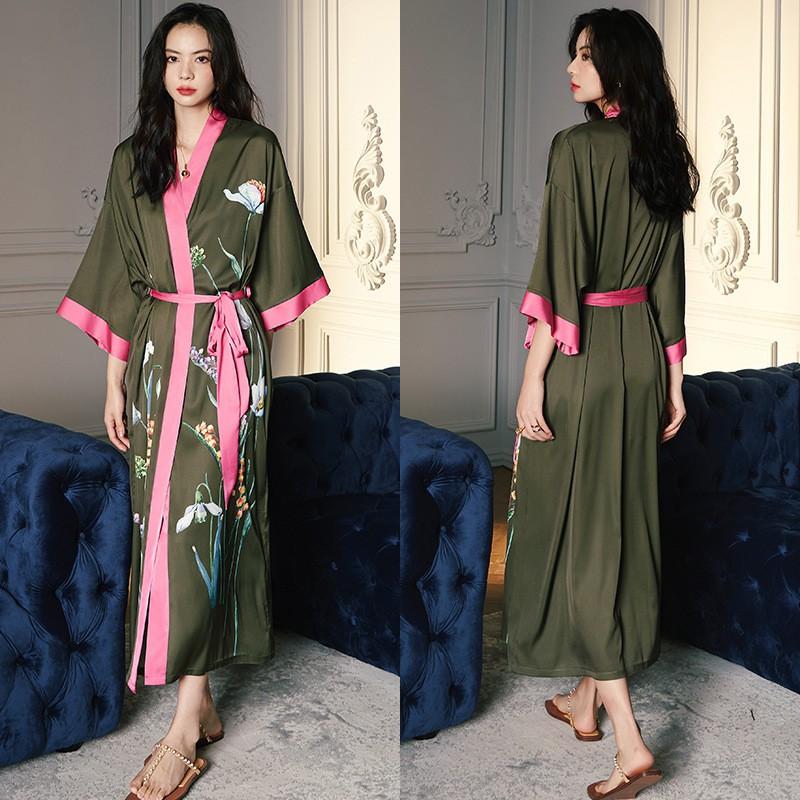 Satin Printed Robe Women Plus Size Lightweight Long Sleepwear Home