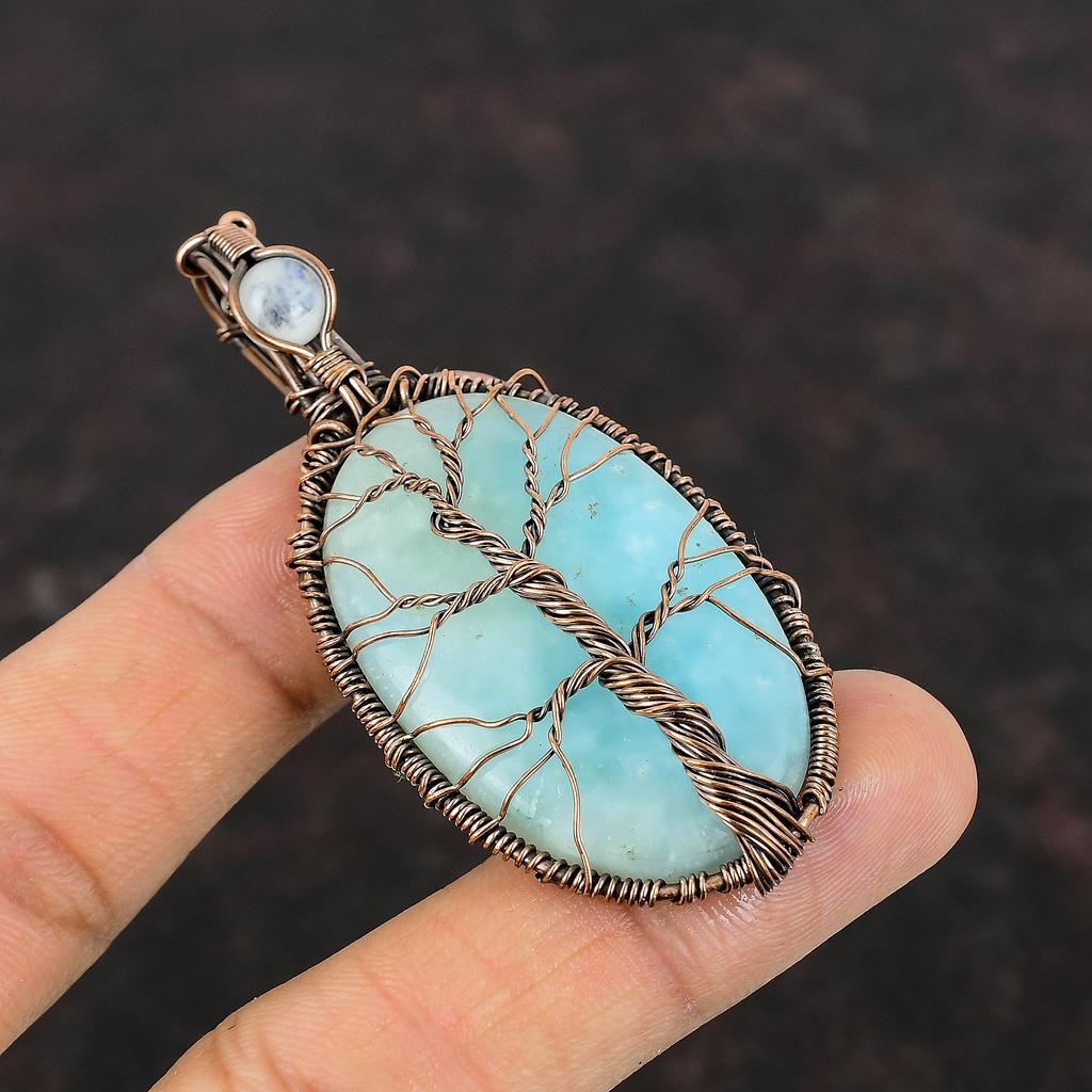 Tree Of Life Hemimorphite Pendant Copper Wire Wrapped Pendant Rainbow Moonstone Gemstone Pendant Handmade Pendant Copper Wire Wrap Jewelry