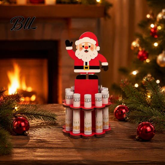 Holiday Decorative Centerpieces Wooden Christmas Money Holder Stand, Santa Snowman Tree Cash Unique Gift Ideas Clip Display, Festive Tabletop Ornament