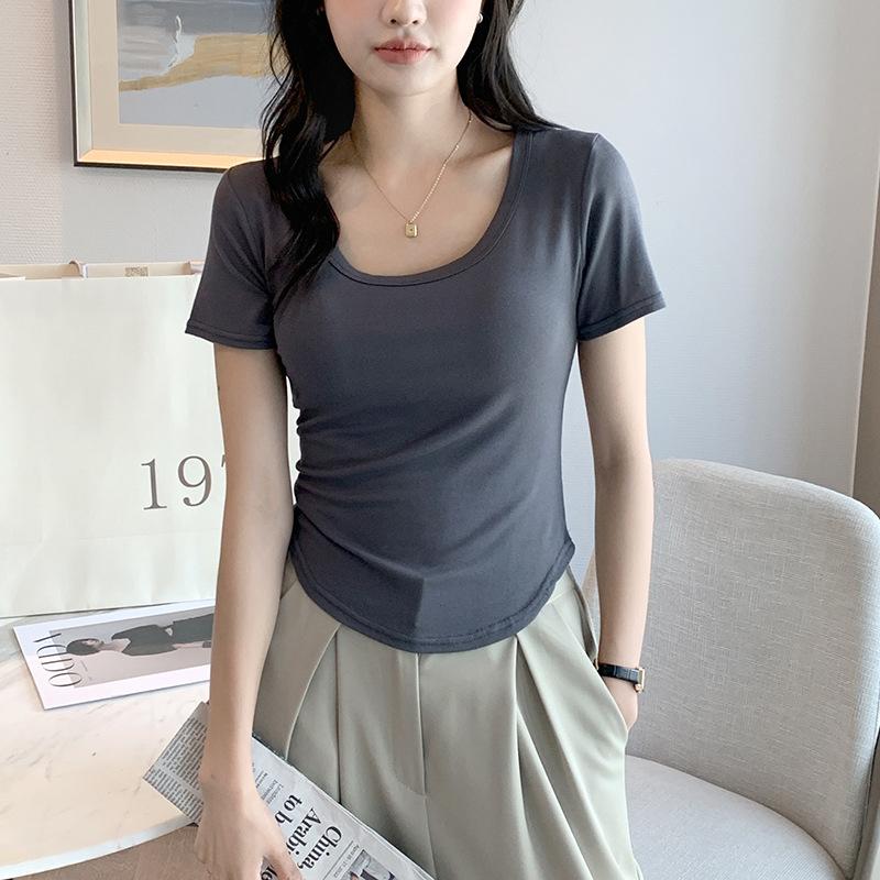 Футболка с короткими рукавами для женщин, новая летняя тонкая рубашка с U-образным вырезом, белая короткая футболка