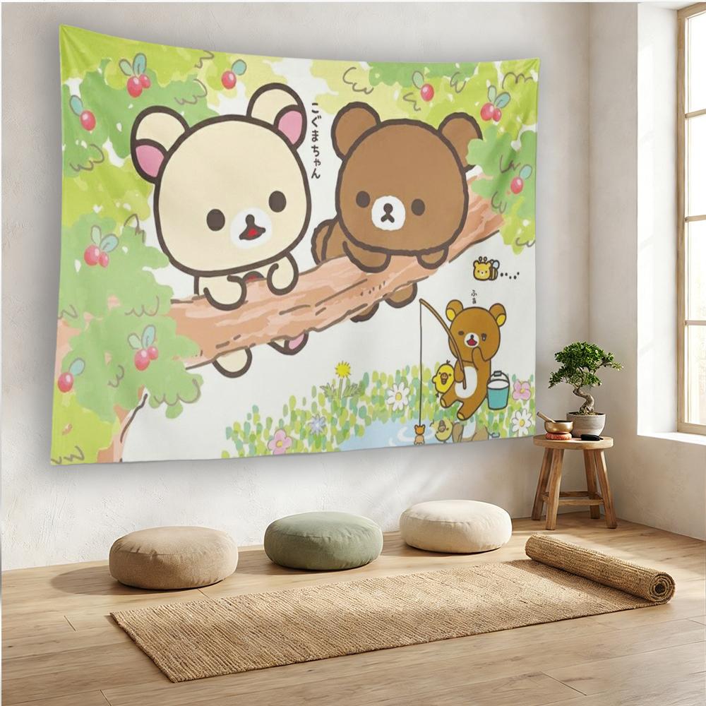 Cute Brown White Bear Wall Tapestry Hippie Floral Art Carpet Dorm Decor Aesthetic Wall Hanging