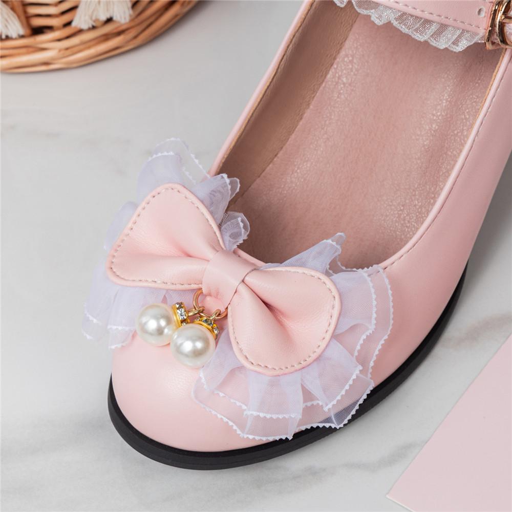 Fashion 2025 Women High Heels Cross Strap Mary Jane Pumps Party Wedding White Pink Black Bow Lace Beads Princess Cosplay Lolita Shoes