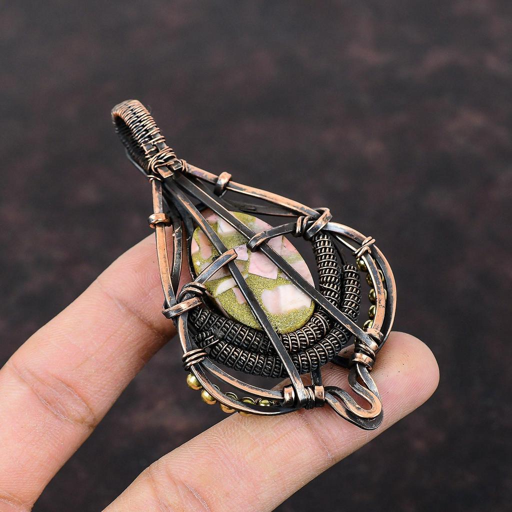 Медный розовый опаловый кулон, обмотанный медной проволокой, ювелирное изделие, натуральный драгоценный камень, антикварное украшение ручной работы, обмотанный медной проволокой, кулон в подарок для него