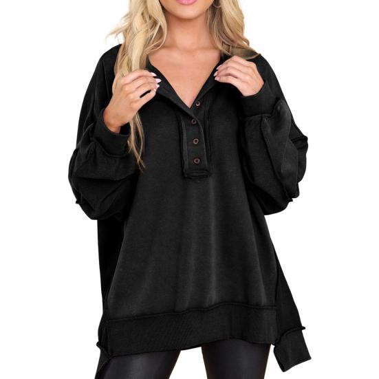 Женская толстовка с пуговицами, круглым вырезом, длинными рукавами, эластичными манжетами, свободная однотонная, неровный подол, пуловер, повседневный спортивный топ