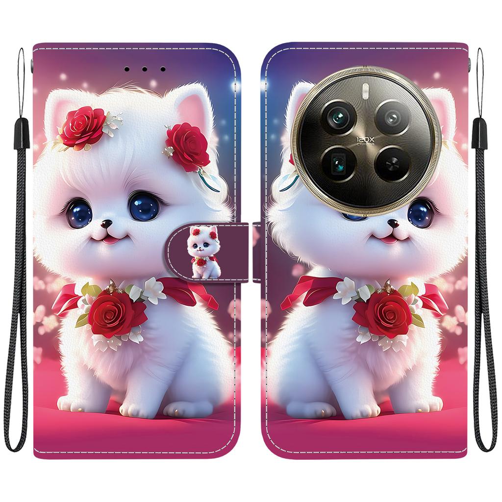 Handmade PU Leather Flip Case for Realme 12 Pro+ Anti-Slip Shockproof Cover with Wrist Strap & Heart/Rose Cat Designs