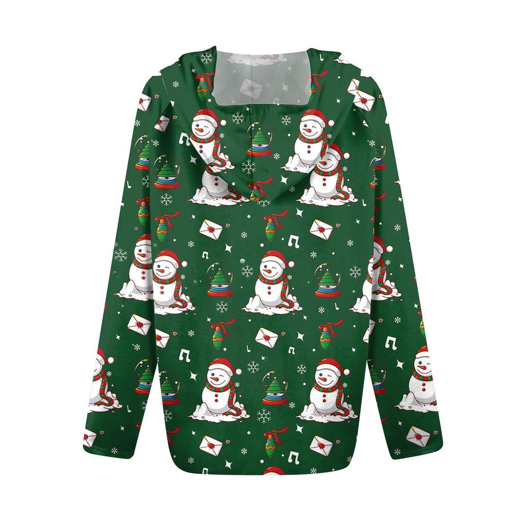 Женская модная повседневная куртка с капюшоном на молнии с рождественским принтом и длинными рукавами