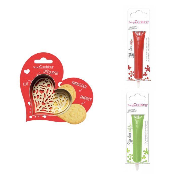 Heart Embossed Biscuit Kit + 2 Red and Light Green Chocolate Pens