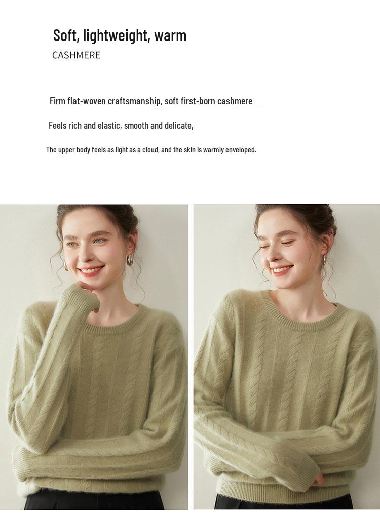 Women's Solid Color Cashmere Pullover: Round Neck, Seven-Stitch Cable Knit, Comfortable and Gentle Style, Warm Base Layer Sweater.