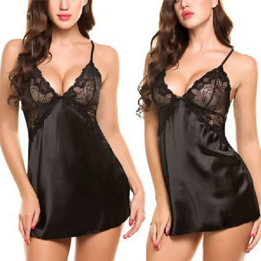 Женское нижнее белье с V-образным вырезом, ночная рубашка, атласное сексуальное кружевное платье-сорочка для сна