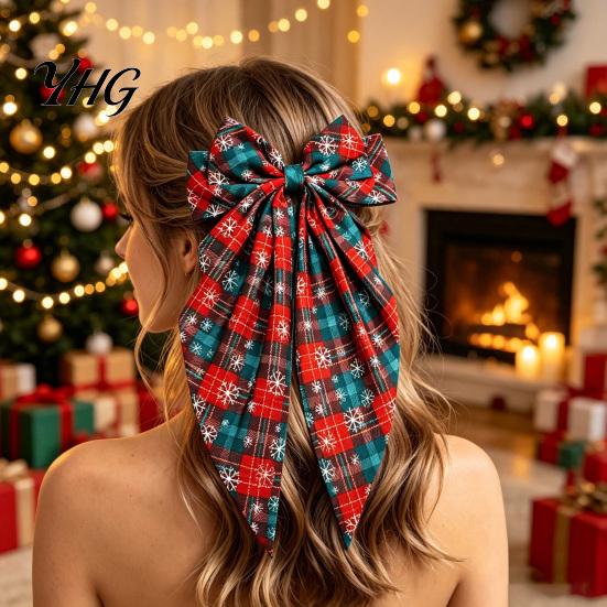 Elegant Long Ribbon Bows Large Christmas Hair Bow for Women Girls, Decorative Clip with Classic Holiday Shiny Satin Clips Prints, Tail Barrettes