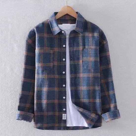 Men Causal Plaid Shirt Spring Fall Turn-down Collar Button Closure Regular Fit Soft Male Sweatshirt Long Sleeves Top Menswear