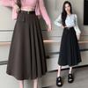 Winter Woolen Pleated Skirt for Women Elegant Fashion High Waist A-line Midi Black Skirts Office Ladies