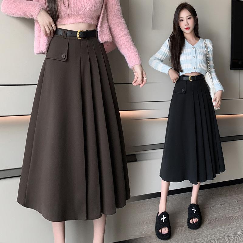 Winter Woolen Pleated Skirt for Women Elegant Fashion High Waist A-line Midi Black Skirts Office Ladies