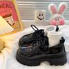 Black Thick-Soled Heightened Lace-Up Small Leather Shoes Women'S Bright Leather Lace-Up Loafers Socks Wear Single Shoes