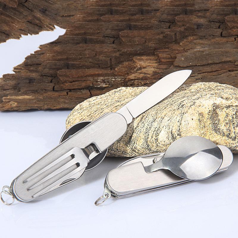 6-in-1 Portable Camping Cutlery Set Stainless Steel Folding Fork Spoon Knife Opener Tableware Hiking Travel Kitchen Utensils