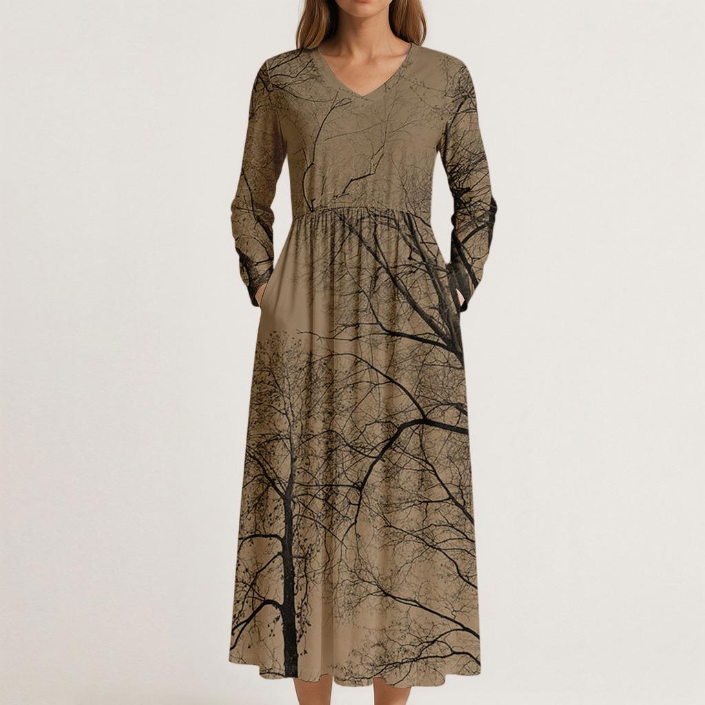 Dress For Women Long Boho Beach Dress Elegant Maxi Dress V-Neck Long Sleeve Dress With Pockets