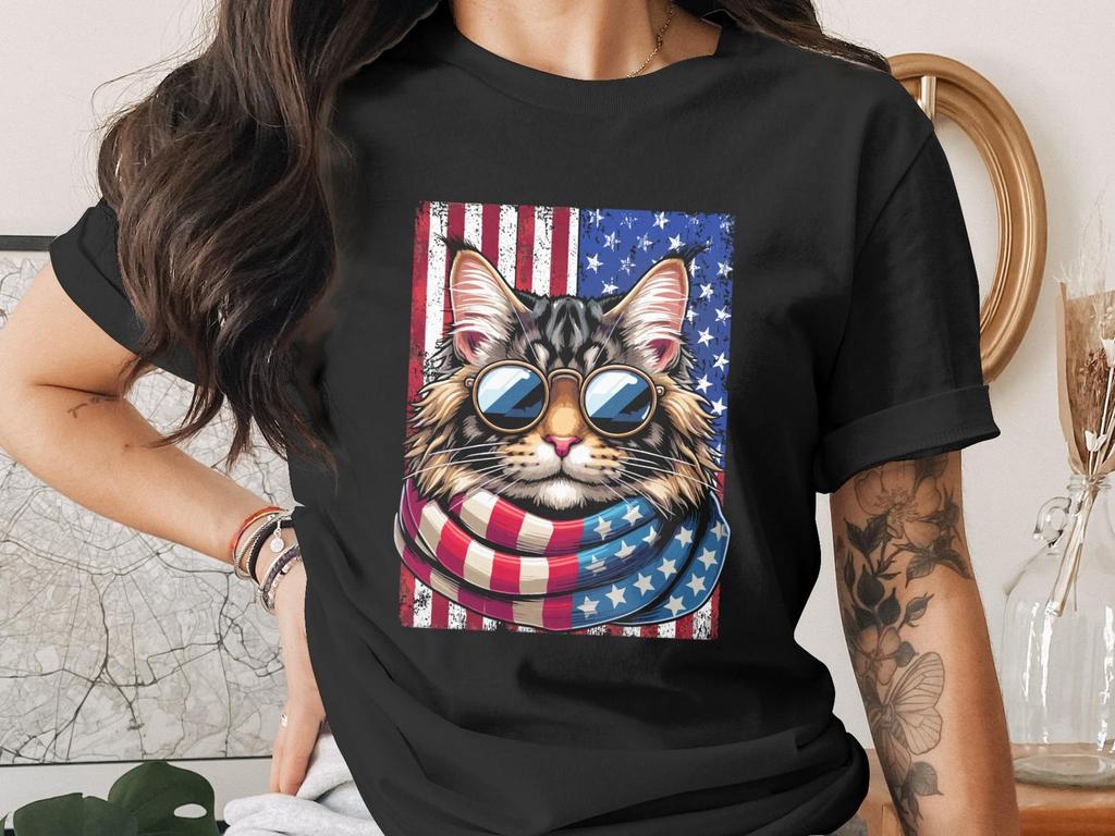 Patriotic Cat T-Shirt, Cool Maine Coon American Flag Tee, Sunglasses Cat Lover Gift, 4th of July Independence Day Shirt for Cat Parents