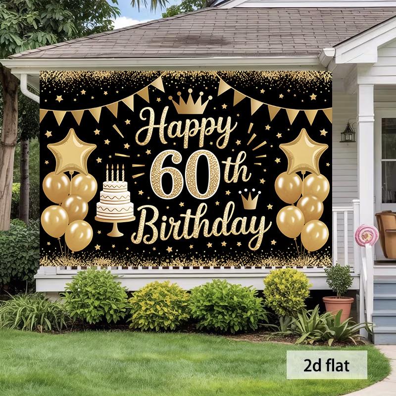 2D plane, 1 piece, 60th birthday banner - with balloons and confetti of the number 60 - the number "60" - polyester