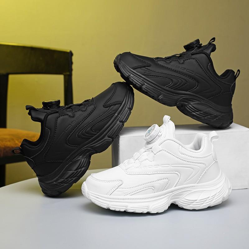 Kids White Black Sneakers School Sports Dance Running Shoes With Rotary Buckle Closure