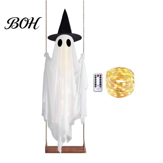 Glowing Halloween Atmosphere Prop Hanging Swing Ghost Decoration with Witch Hat, Spooky Outdoor Decor Lighted White for Yard String Light And