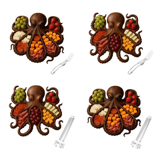 Блюдо для закусок «Осьминог» с вилкой, поднос для сырной доски в океанской тематике для мяса, сыра, фруктов, морепродуктов, деревянный сервировочный поднос, уникальный подарок