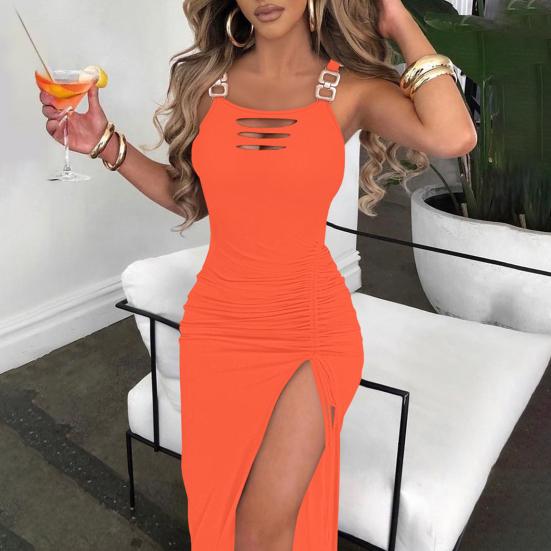 Женское платье Узкое без рукавов с открытой спиной и металлической цепочкой Декор с открытой спиной и высоким разрезом, ажурное плиссированное однотонное платье для вечеринки, клуба, отдыха, пляжа, миди