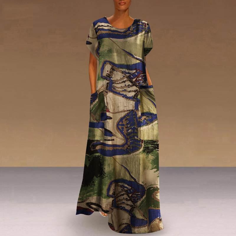 Women Spring Summer National Style Bohemian Long Dress Straight O-Neck Short Sleeve Loose Waist Print Pocket