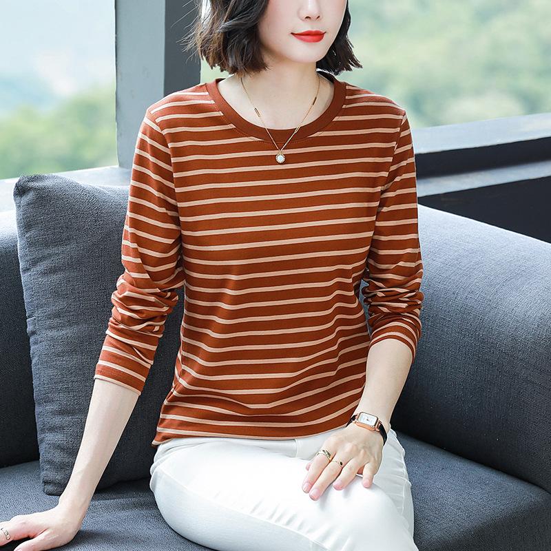 Large Size Loose Cotton Long Sleeve T-shirt Women's Middle-aged and Elderly Clothes Autumn Clothes Striped Base Layer Shirts