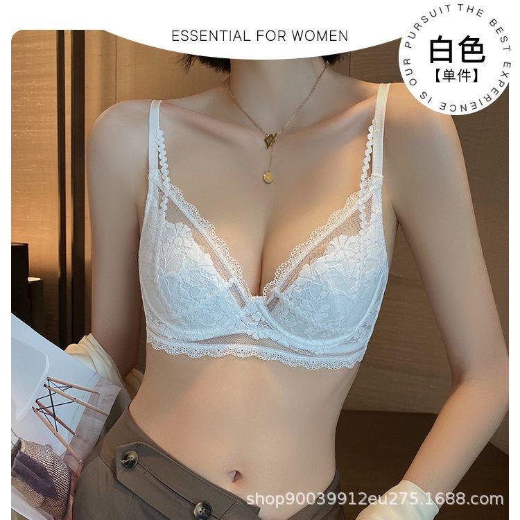 Japanese lace thin light and breathable French bra set, big breasts show small and sexy, gather soft steel ring underwear women
