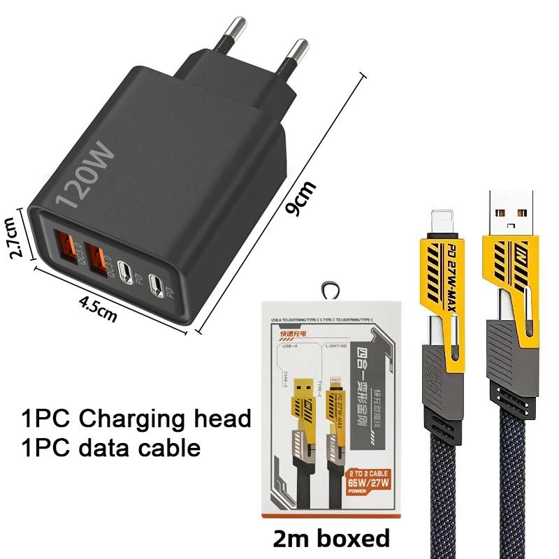 Домашнее многопортовое USB и TYPE-C быстрое зарядное устройство 120 Вт, штекер EU/US/UK, универсальный автомобильный четырех-в-одном плетеный кабель для зарядки мобильного телефона