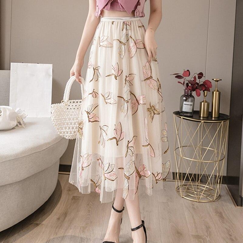 Qooth Женская тюлевая газовая юбка с вышивкой стрекозой, элегантная сетчатая юбка миди с эластичной резинкой на талии на все времена QT2202