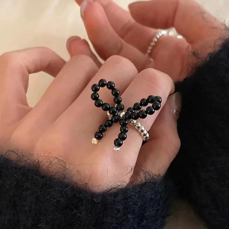 Colorful Beaded Flower Rings for Women Girls Korean Fashion Sweet Large Flower Finger Rings Jewelry Aesthetic Y2K Accessories
